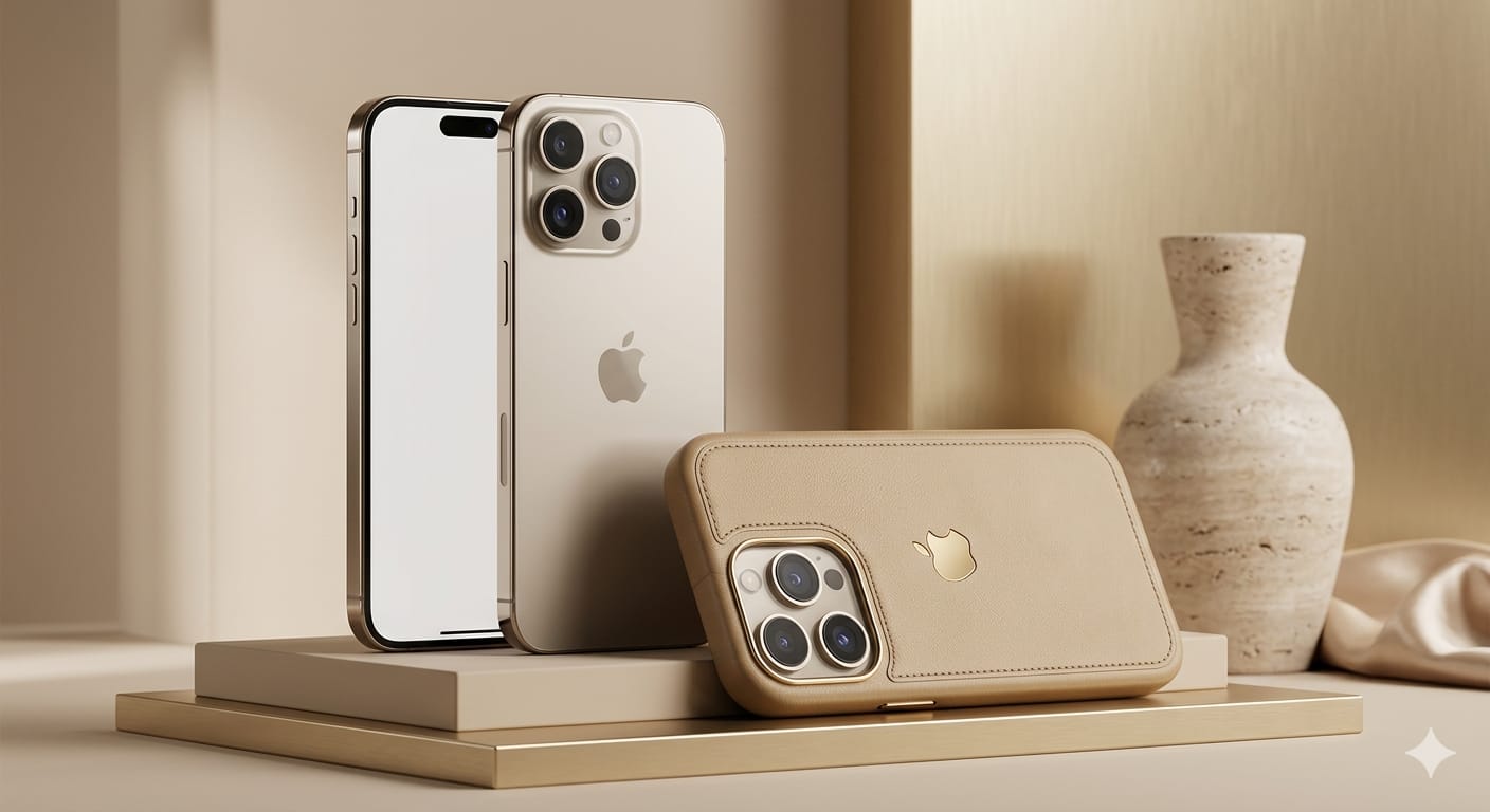 Desert Titanium iPhone 16 Pro Max With Luxury Leather Case