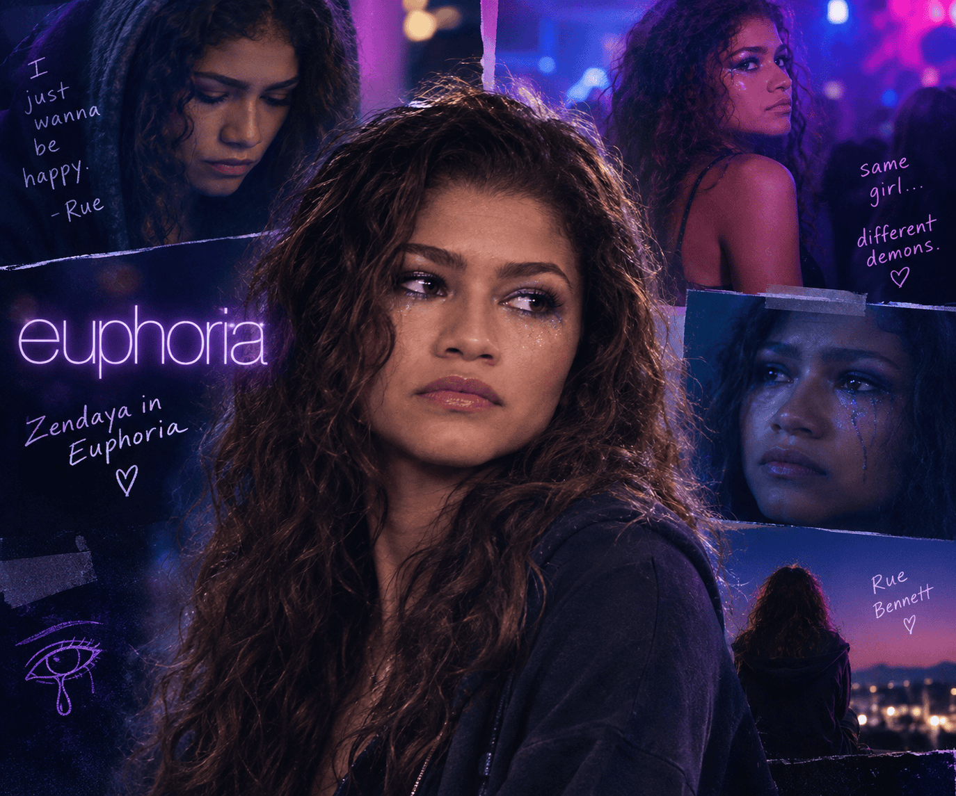 Zendaya as Rue in Euphoria with neon-inspired imagery