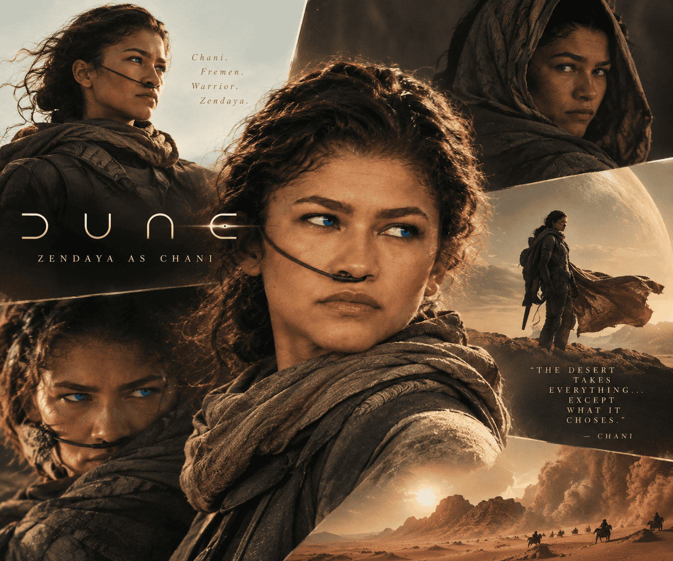 Zendaya as Chani in Dune surrounded by desert landscapes