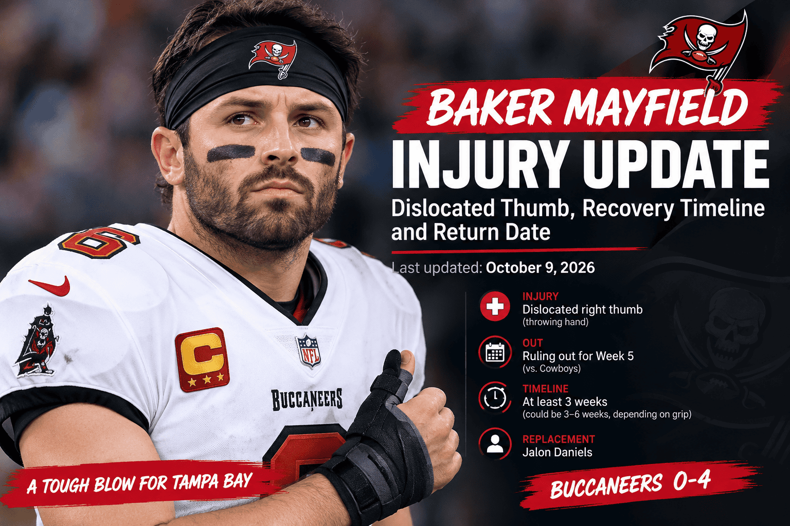 Baker Mayfield injury update showing his dislocated right thumb, recovery timeline and Buccaneers status