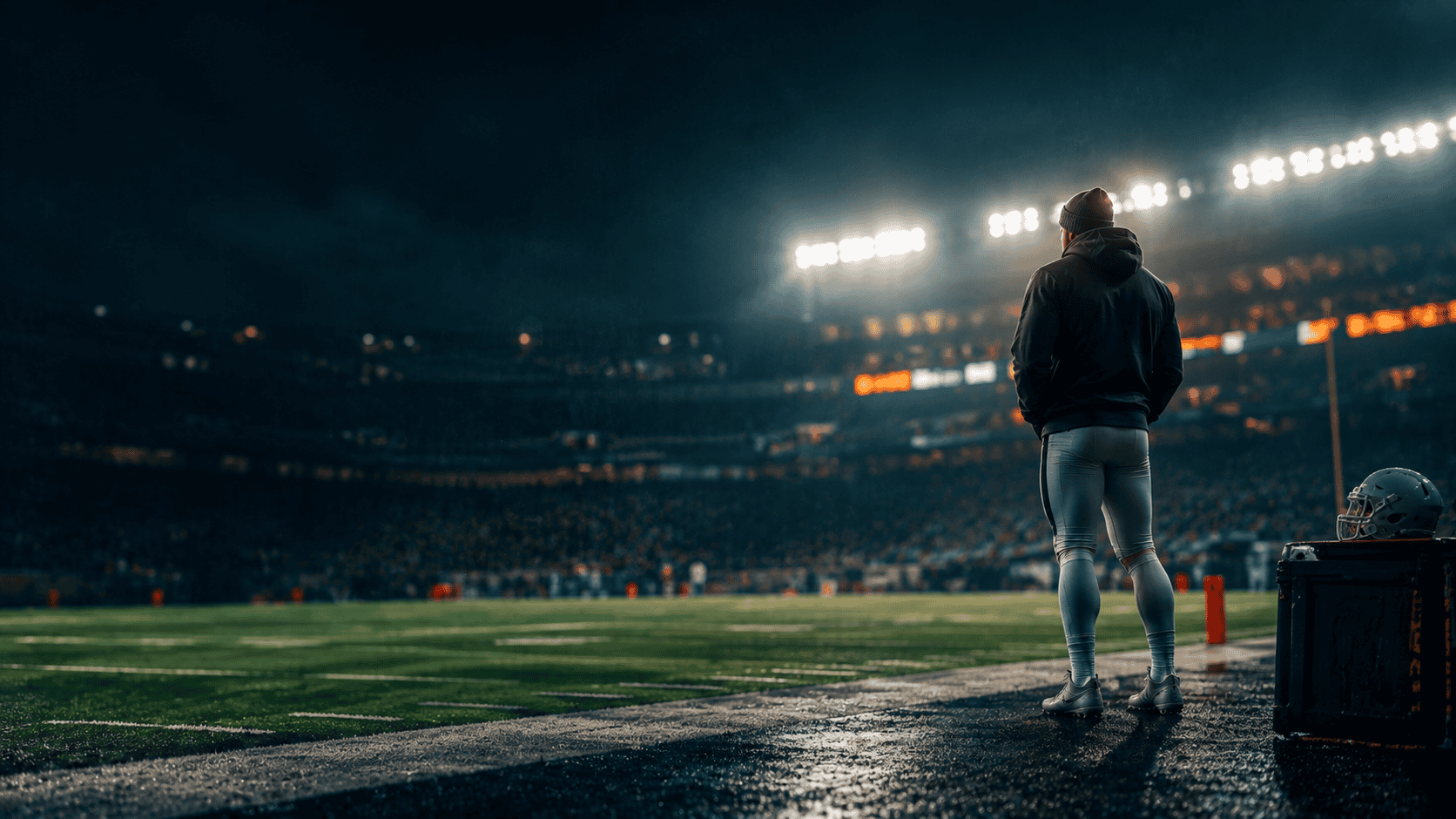 Football receiver watching from the sideline as a trade is finalized